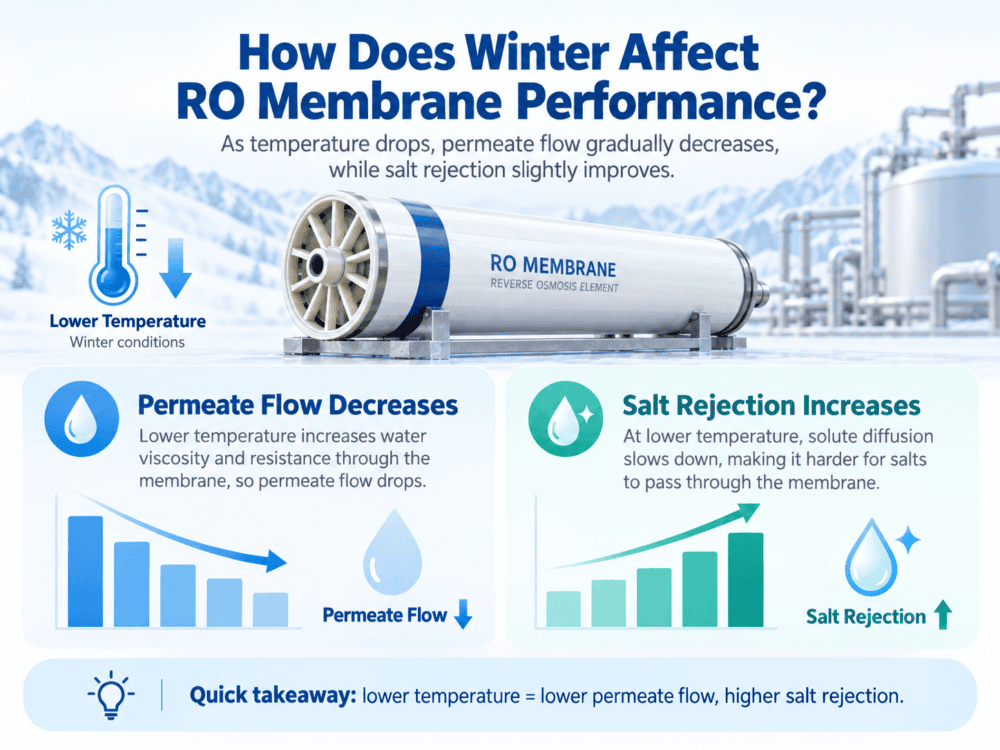 RO membrane winter performance showing lower permeate flow and higher salt rejection