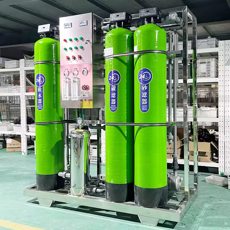 An industrial water treatment system including softener, carbon filter, and sand filter components, suitable for large-scale water purification needs.