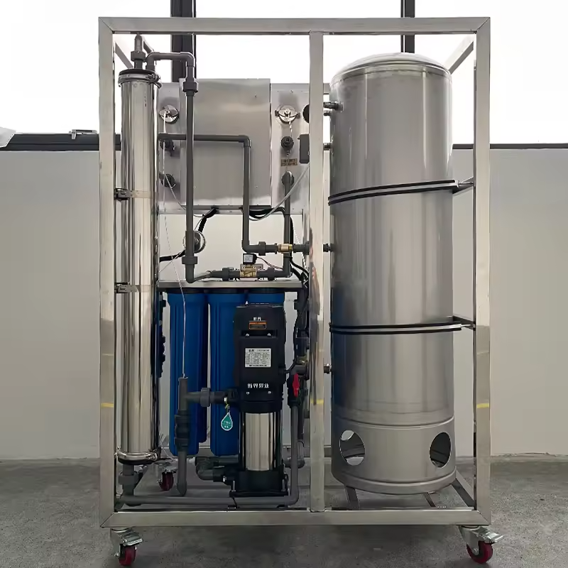 Model ACTP-2 industrial reverse osmosis water treatment equipment with a stainless steel frame, blue filter cores, and a storage tank, suitable for efficient water purification in industrial production.