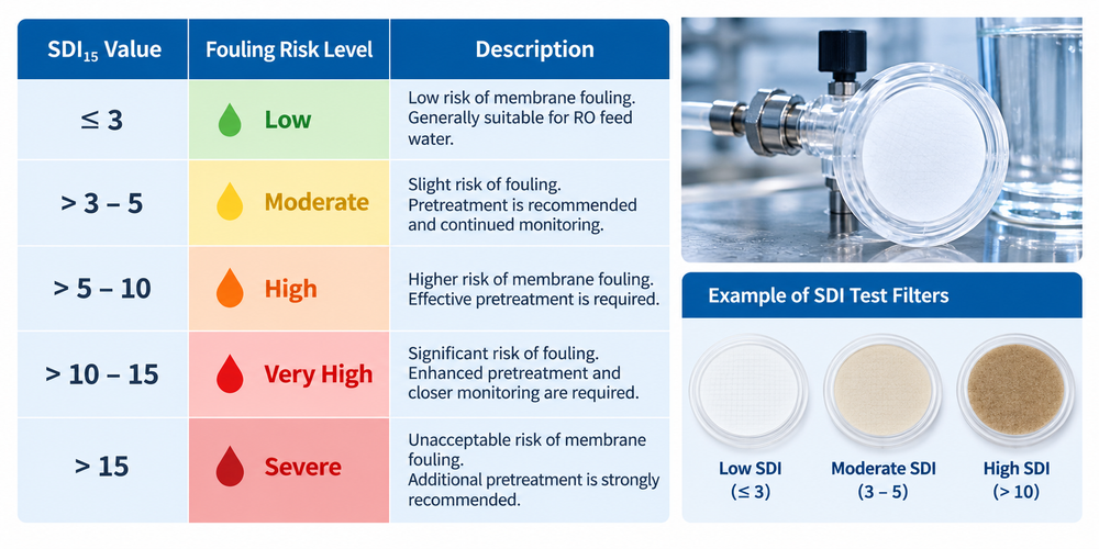 The chart showing the relationship between SDI values ​​and fouling risk, or a sample SDI test data log, from the original text.