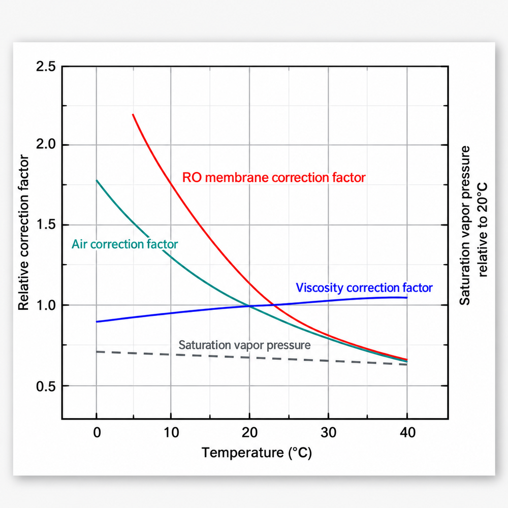 Feed water viscosity, surface tension, osmotic pressure, and RO temperature correction factor vs. temperature curves